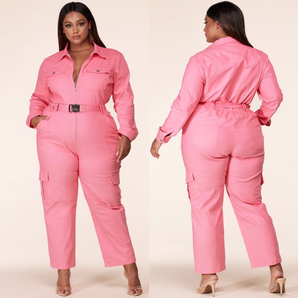 (Thick Denim)Plus Denim Pink Cargo Jumpsuit